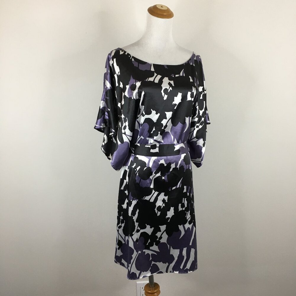 BCBGMAXAZRIA Black Purple White Print Short Batwing Sleeve Satin Belt Dress